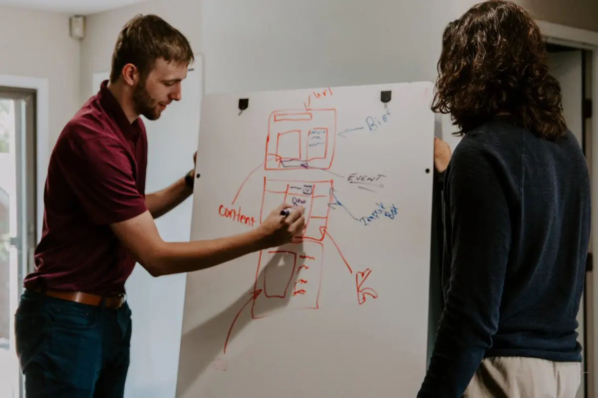 Two people discussing and drawing on a board highlighting the importance of sales and marketing one pager design